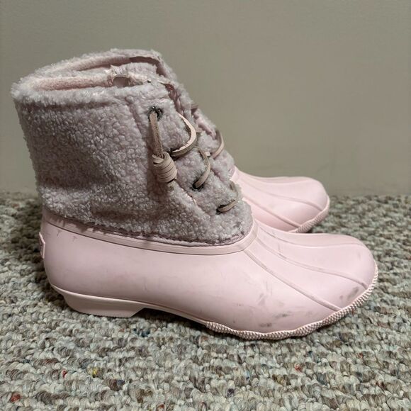 Sperry Saltwater Duck Boots Pink Rubber Fleece Teddy Waterproof- Size 8.5 - Picture 2 of 10